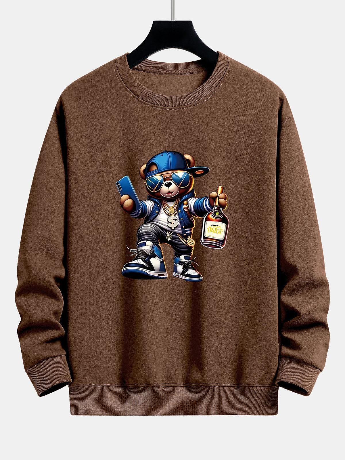 Men's Hip Hop Teddy Bear Graphic Sweatshirt – Relaxed Fit Crew Neck - Brown