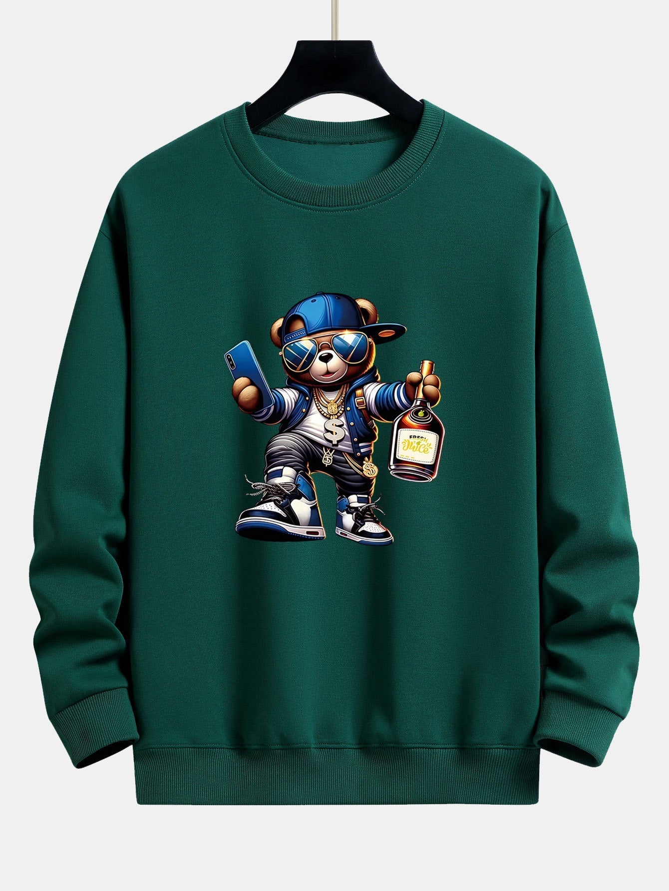 Men's Hip Hop Teddy Bear Graphic Sweatshirt – Relaxed Fit Crew Neck - Green