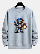Men's Hip Hop Teddy Bear Graphic Sweatshirt – Relaxed Fit Crew Neck - Grey