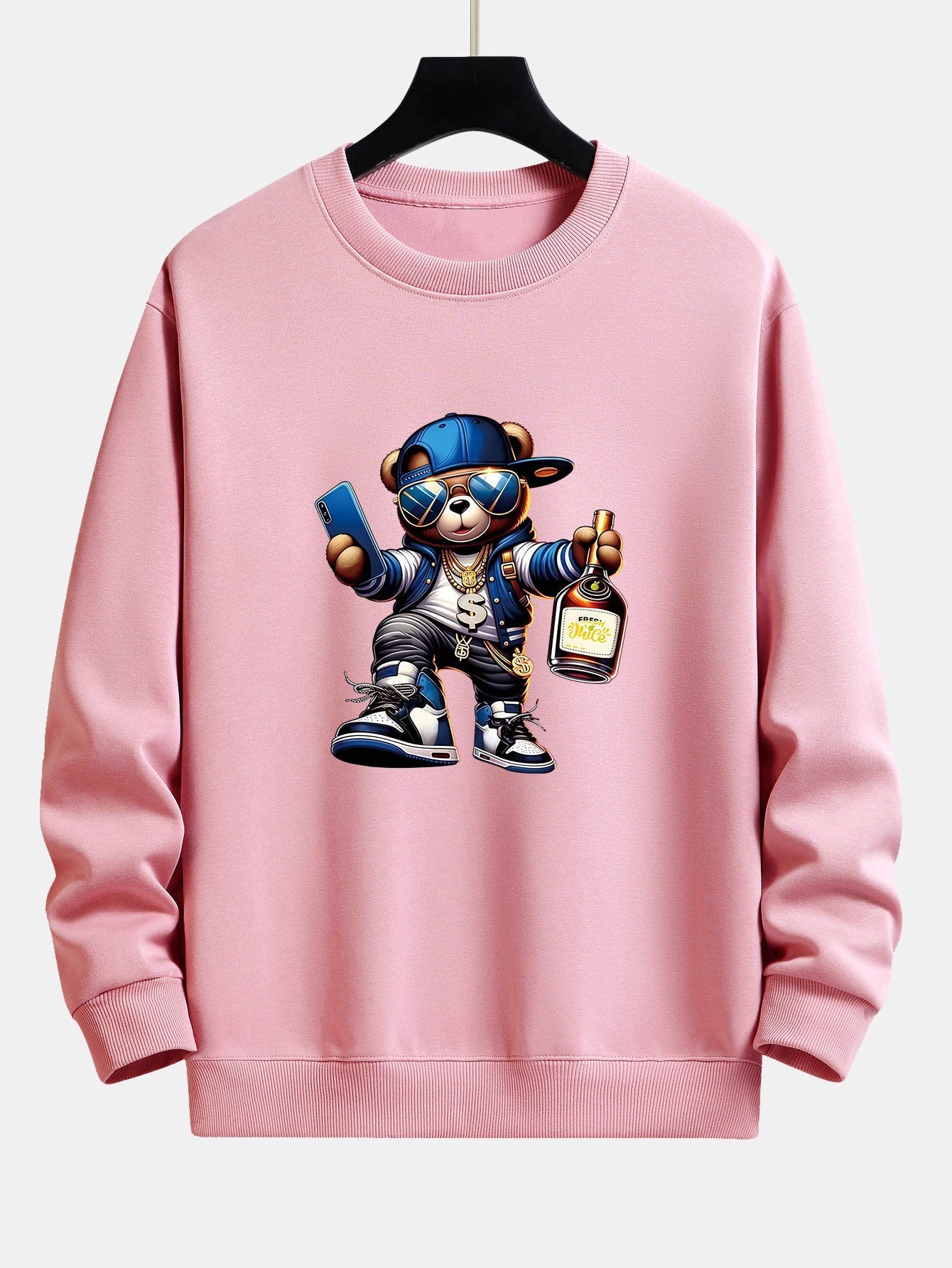 Men's Hip Hop Teddy Bear Graphic Sweatshirt – Relaxed Fit Crew Neck - Light Pink