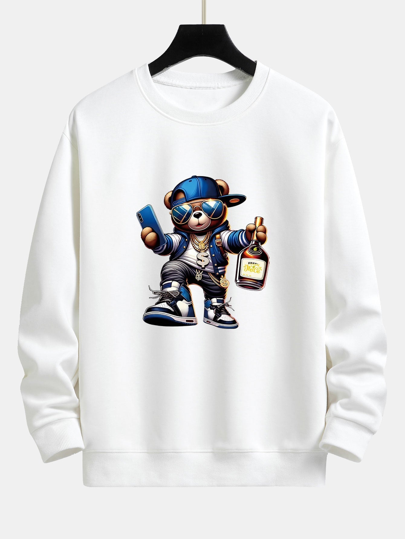 Men's Hip Hop Teddy Bear Graphic Sweatshirt – Relaxed Fit Crew Neck - White