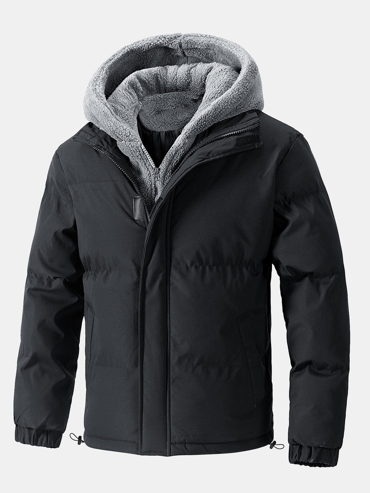 Men's Hooded Puffer Jacket with Teddy Fleece Lining – Winter Warmth - Black