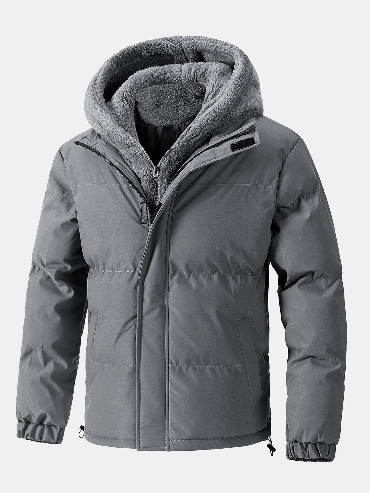 Men's Hooded Puffer Jacket with Teddy Fleece Lining – Winter Warmth - Grey