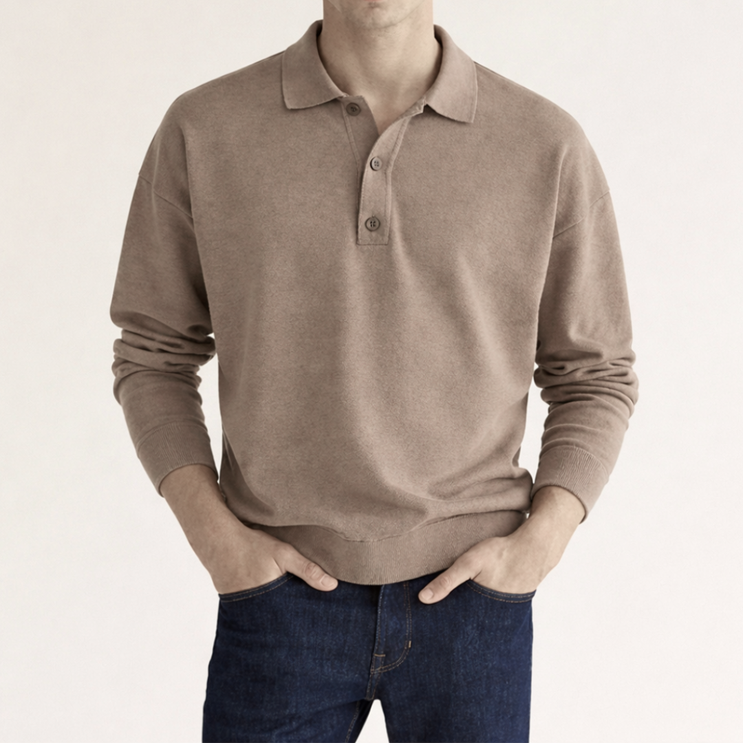 Men's Knitted Polo Shirt Long Sleeve in beige, Relaxed Fit