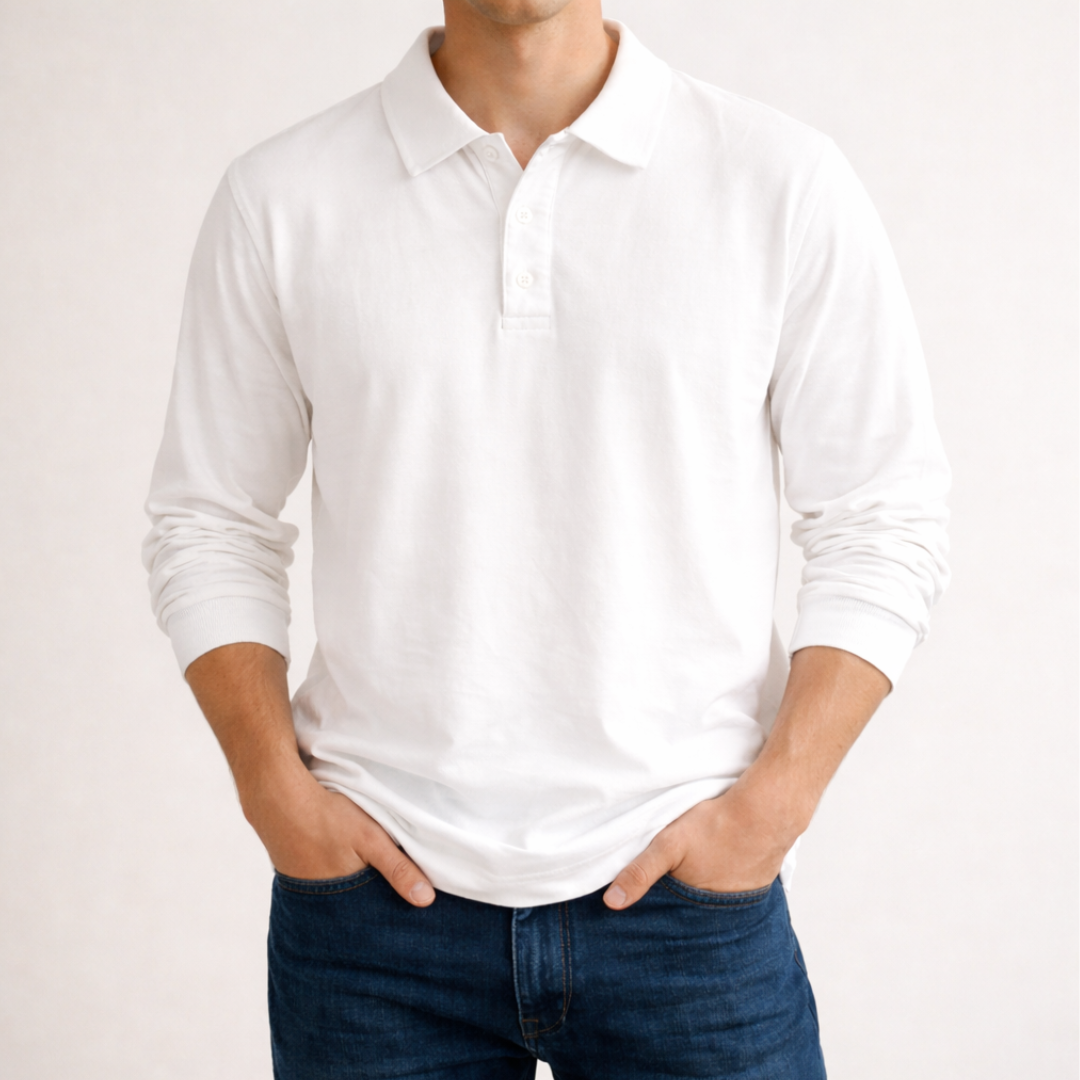 Men's Knitted Polo Shirt Long Sleeve in white, Relaxed Fit