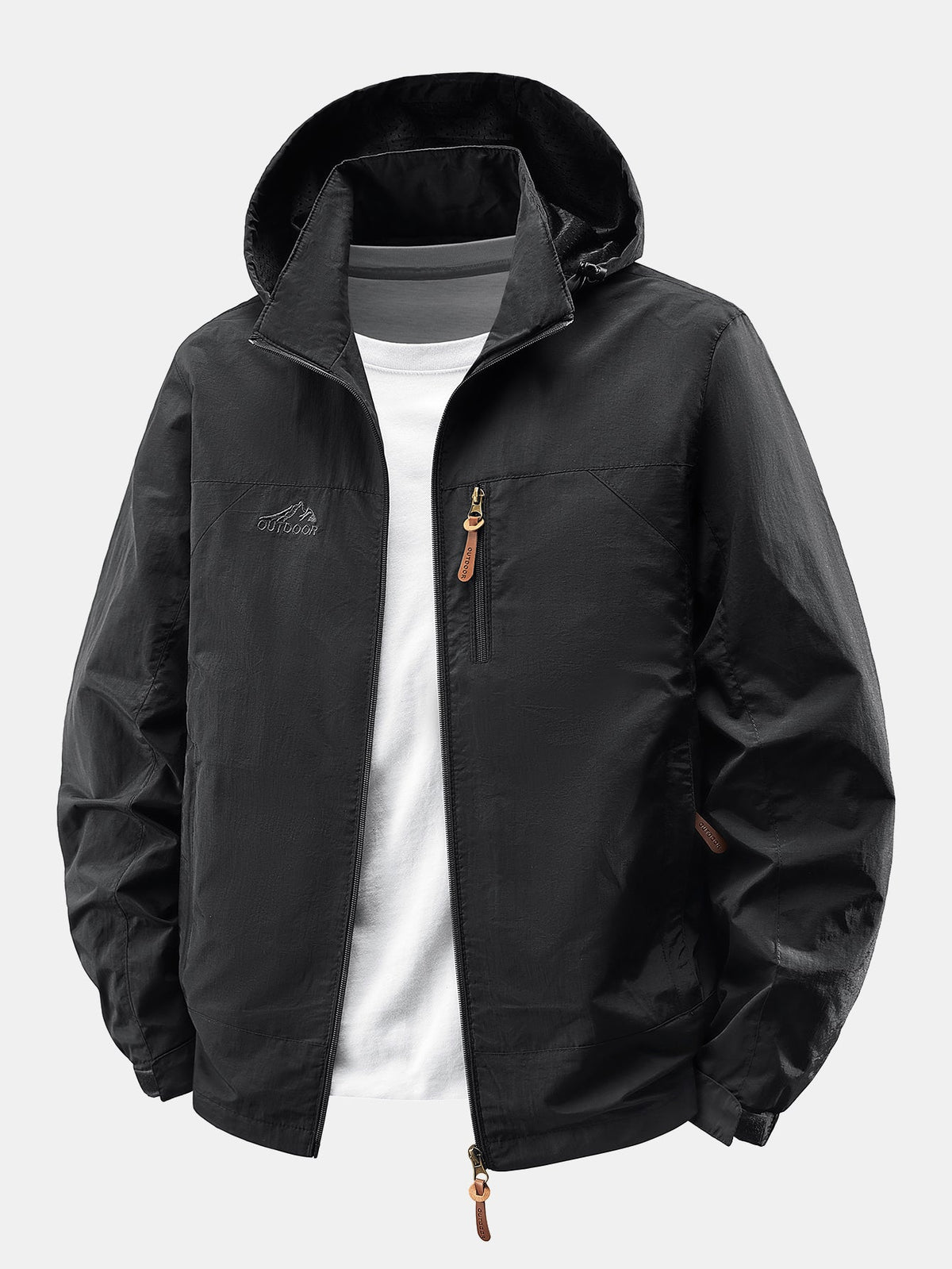 Men's Lightweight Nylon Windbreaker Jacket – Relaxed Fit Zip-Up - Black