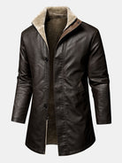 Men's Long Faux Leather Winter Coat – Stand Collar Overcoat - Dark Brown