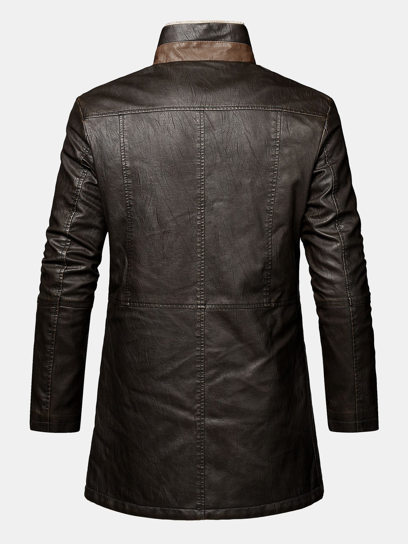 Men's Long Faux Leather Winter Coat – Stand Collar Overcoat