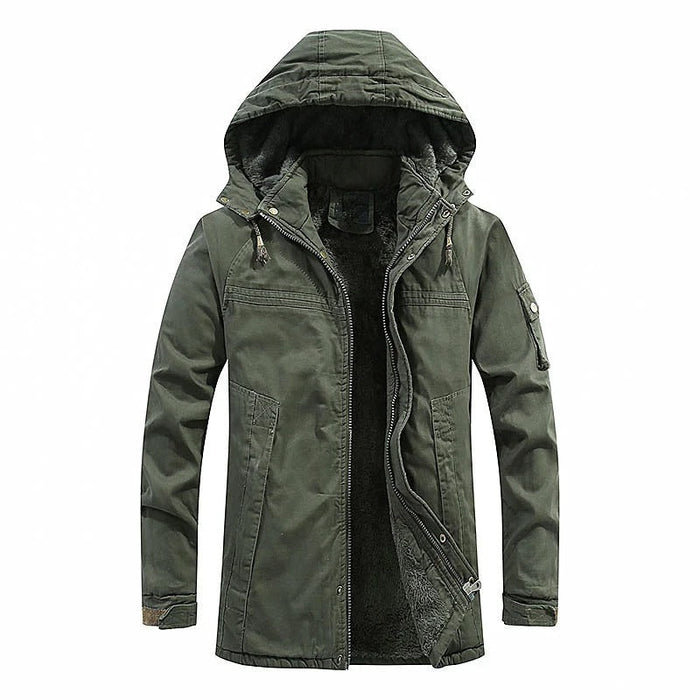 Men's Longline Hooded Winter Jacket in green, Fleece Lined