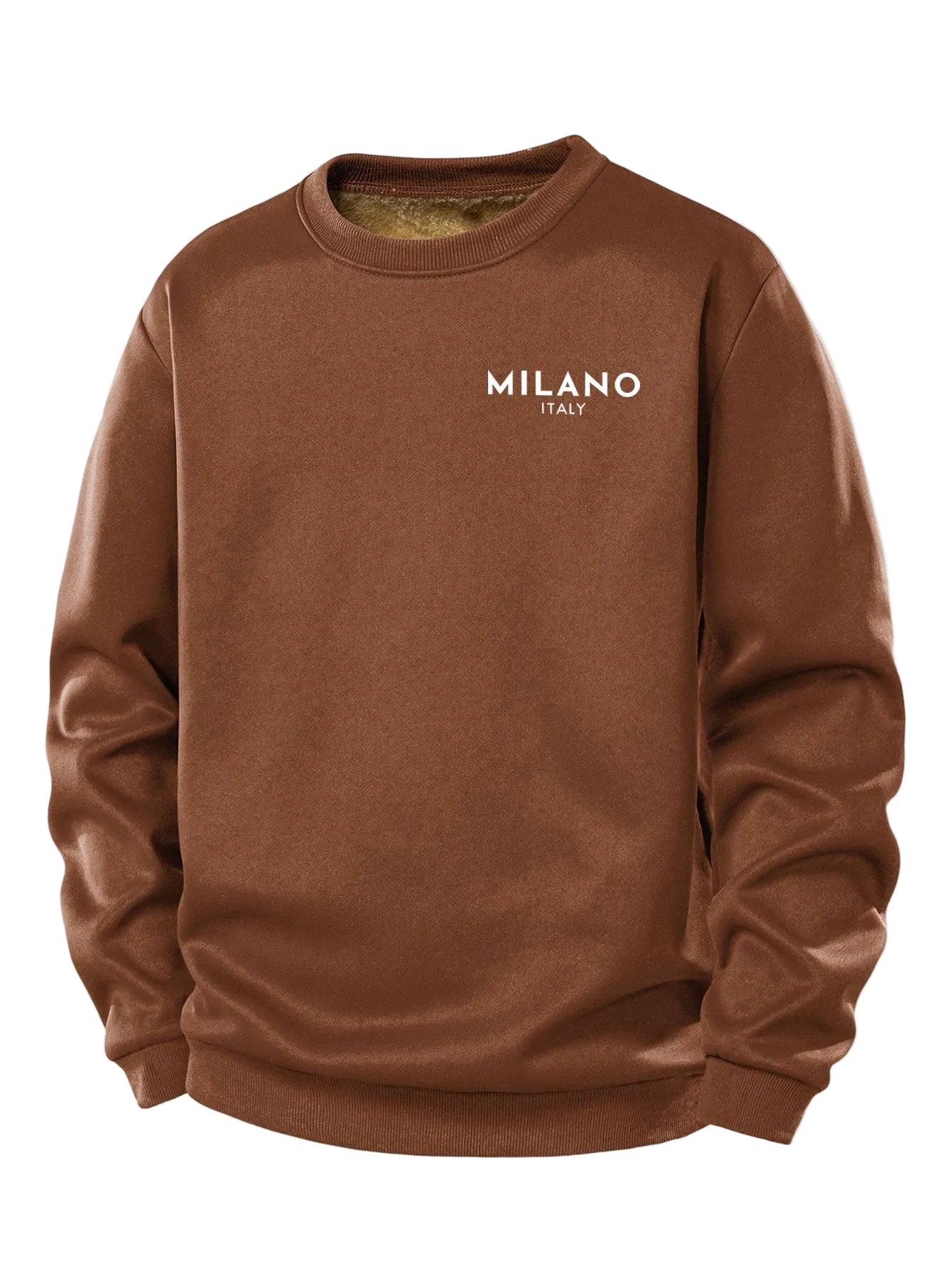 Men's Milano Print Teddy Fleece Sweatshirt – Crew Neck Regular Fit - Brown
