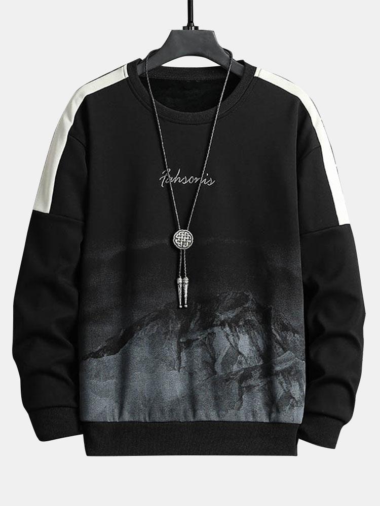 Men's Mountain Graphic Crew Neck Sweatshirt – Relaxed Fit Streetwear - Black