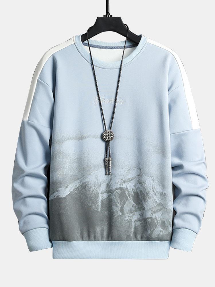Men's Mountain Graphic Crew Neck Sweatshirt – Relaxed Fit Streetwear - Light Blue