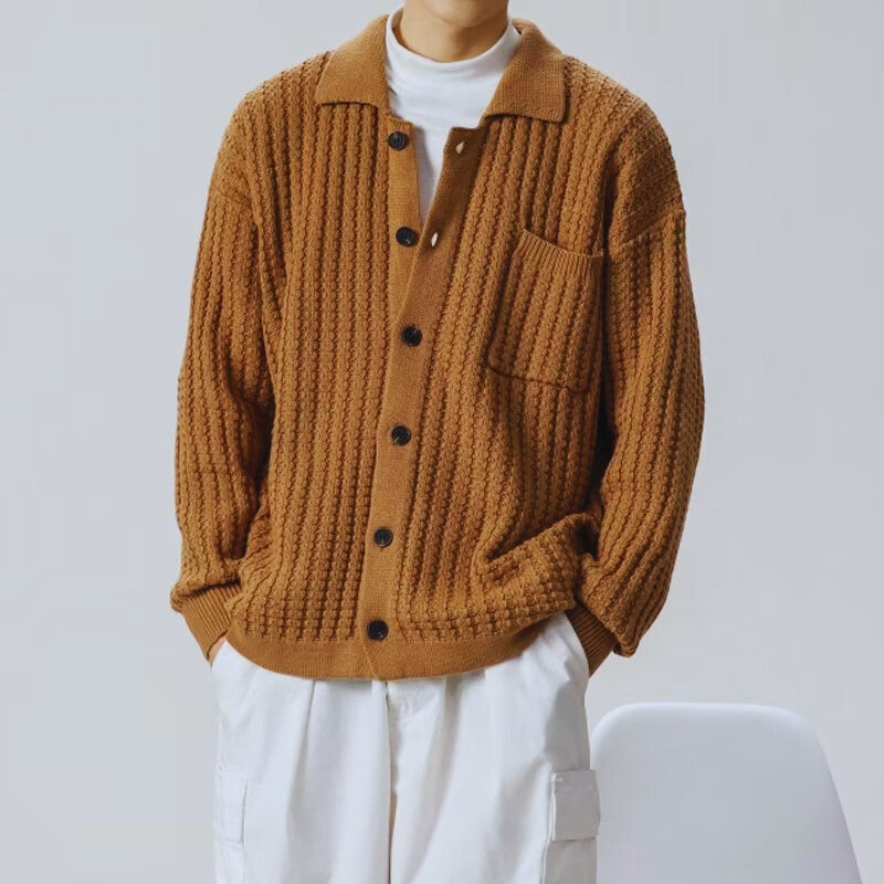 Men's Oversized Chunky Knit Cardigan in brown, Warm Button Front