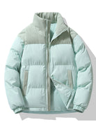 Men's Padded Puffer Jacket with Corduroy Panels – Winter Casual - Light Green