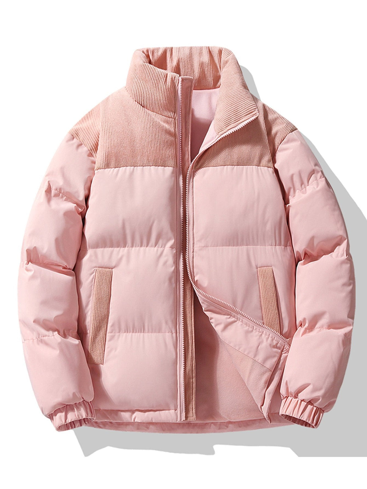 Men's Padded Puffer Jacket with Corduroy Panels – Winter Casual - Light Pink