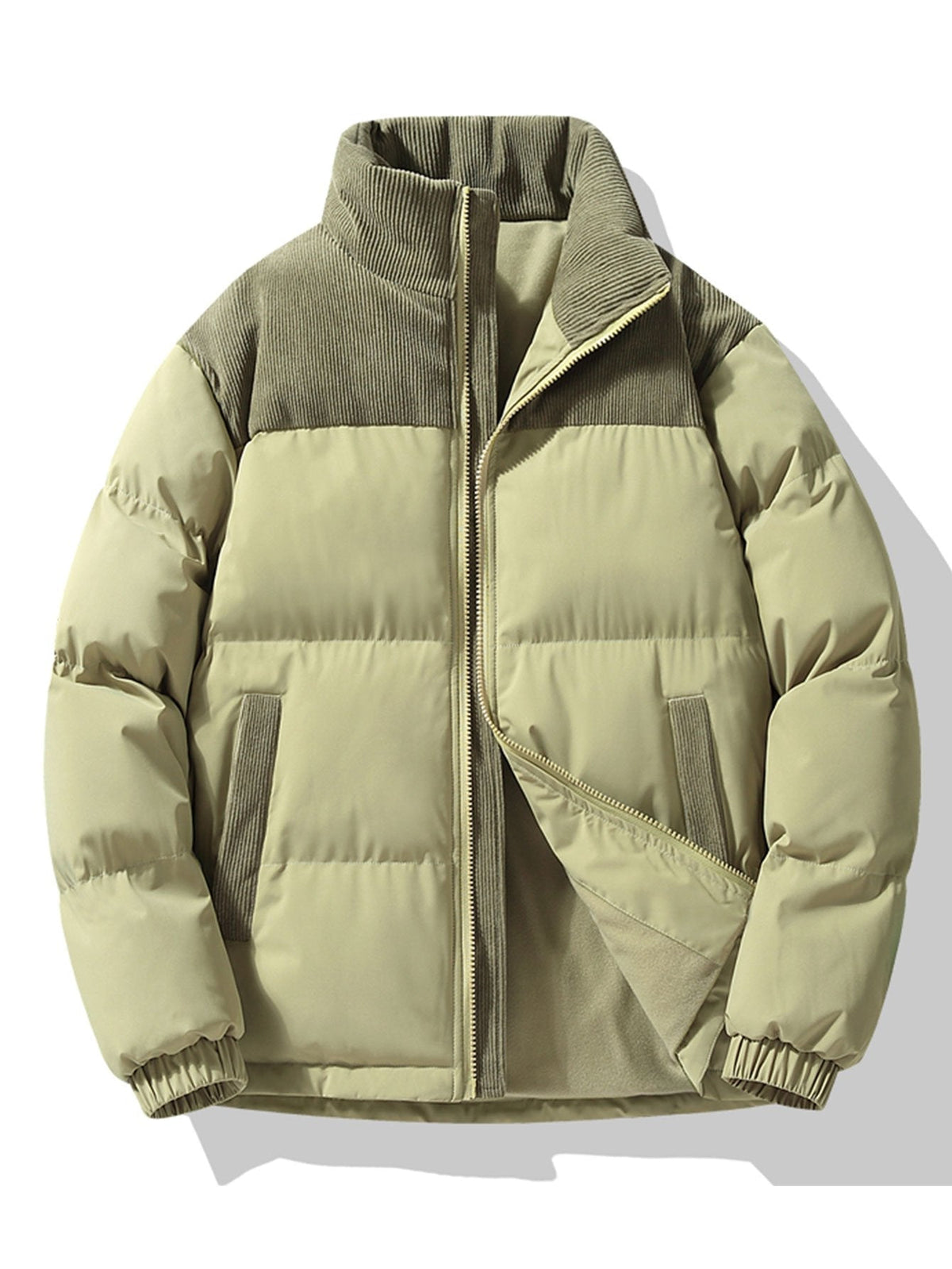 Men's Padded Puffer Jacket with Corduroy Panels – Winter Casual - Sage Green