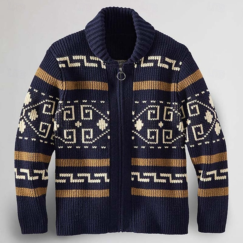 Men's Patterned Zip Cardigan - Navy