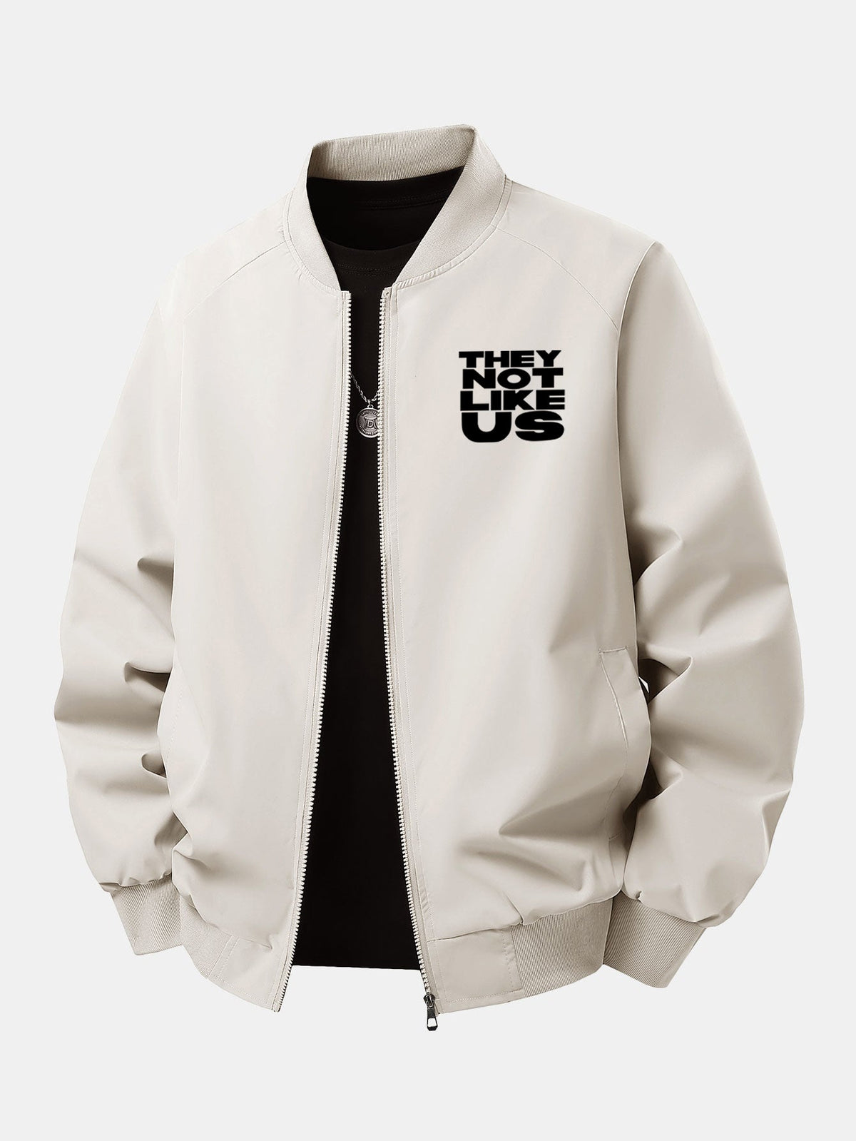 Men's Printed Zip-Up Bomber Jacket – Relaxed Fit Streetwear - Beige