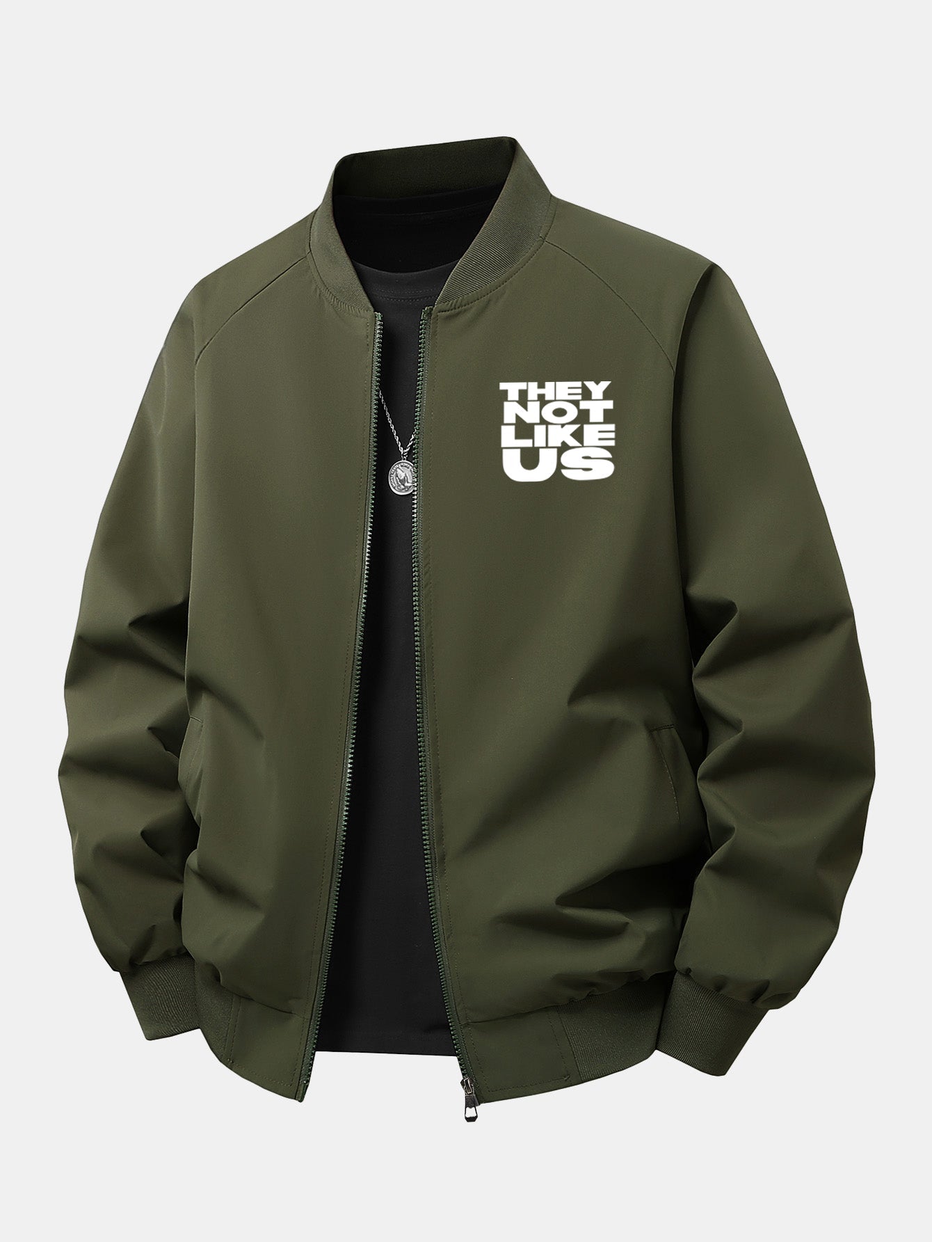 Men's Printed Zip-Up Bomber Jacket – Relaxed Fit Streetwear - Dark Green