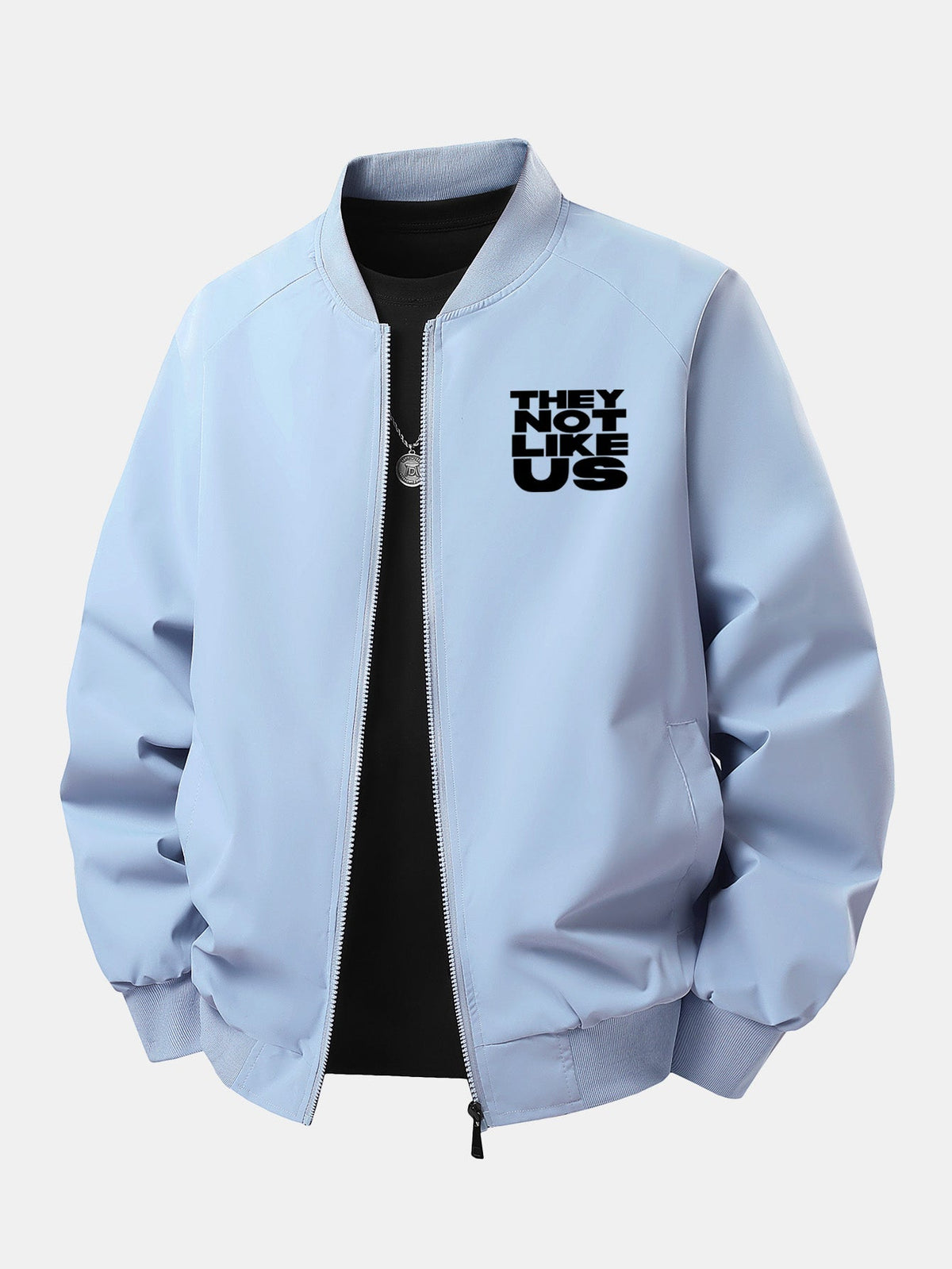 Men's Printed Zip-Up Bomber Jacket – Relaxed Fit Streetwear - Light Blue