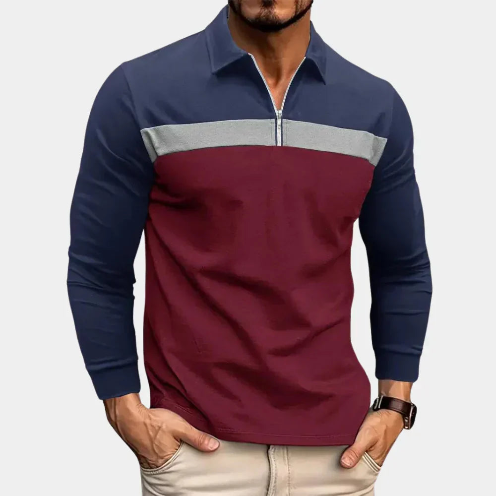 Men's Quarter Zip Polo Shirt in burgundy, Slim Fit Long Sleeve