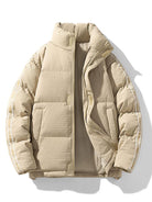 Men's Quilted Puffer Jacket with Stand Collar – Winter Warmth - Beige