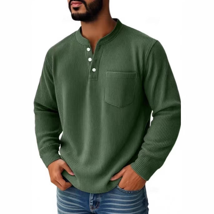 Men's Ribbed Henley Shirt Long Sleeve in green, Casual Smart