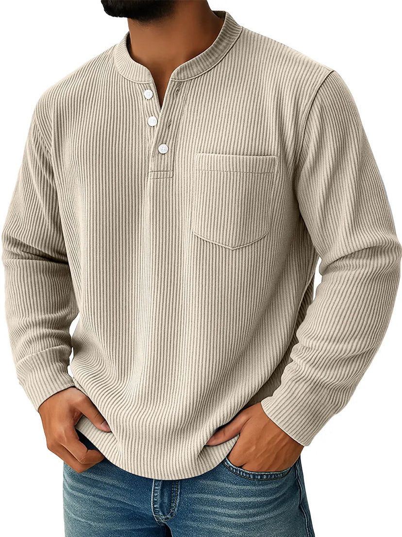 Men's Ribbed Henley Shirt Long Sleeve in khaki, Casual Smart