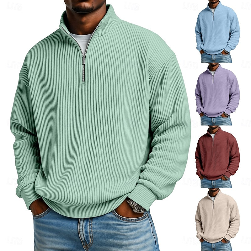 Men's Ribbed Quarter-Zip Pullover - Relaxed Comfort Layer