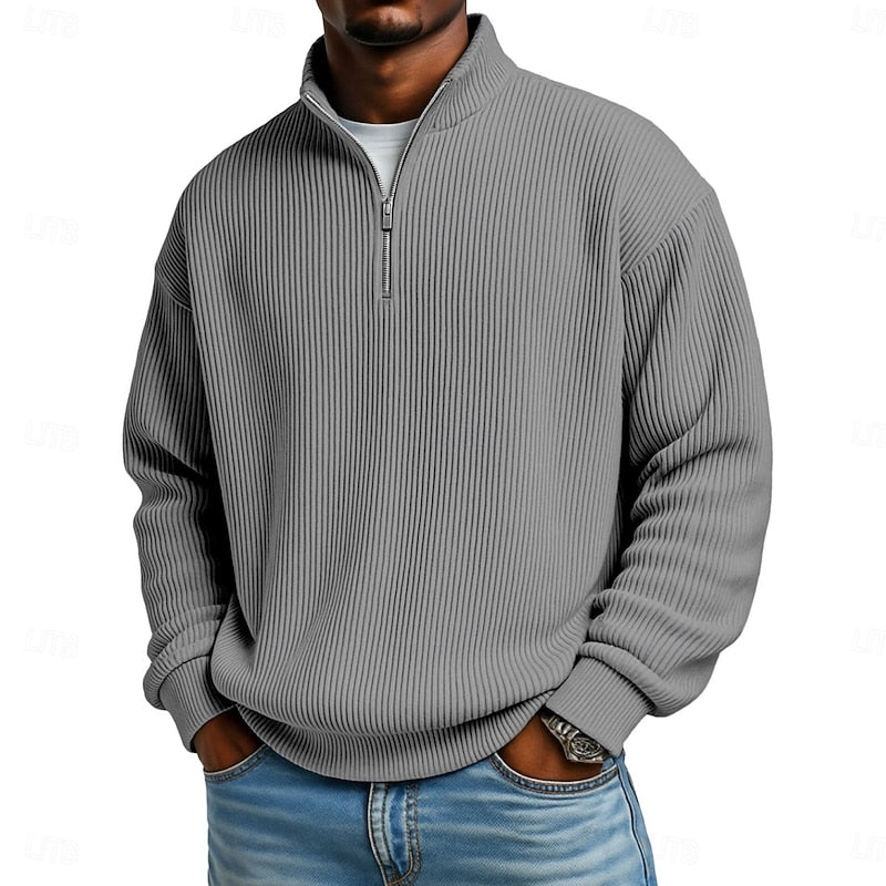Men's Ribbed Quarter-Zip Pullover in grey, Relaxed Comfort Layer