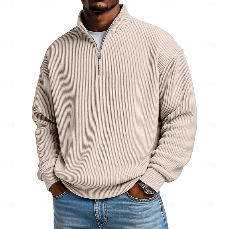 Men's Ribbed Quarter-Zip Pullover in khaki, Relaxed Comfort Layer