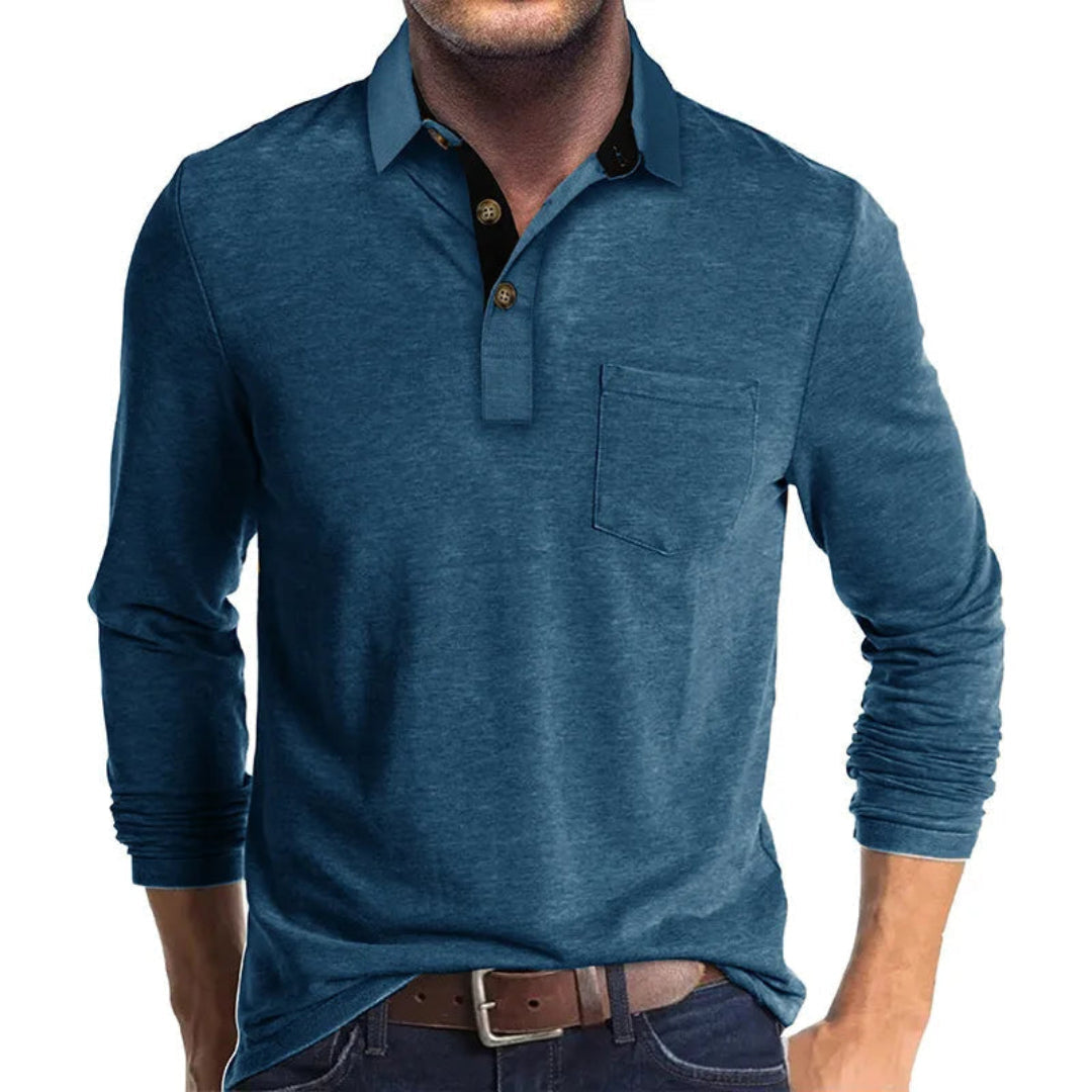 Men's Slim Fit Polo Shirt in blue, Long Sleeve Casual