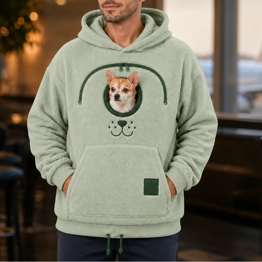Men's Small Dog Pouch Hoodie in sage green, Hands-Free Pet Carrier