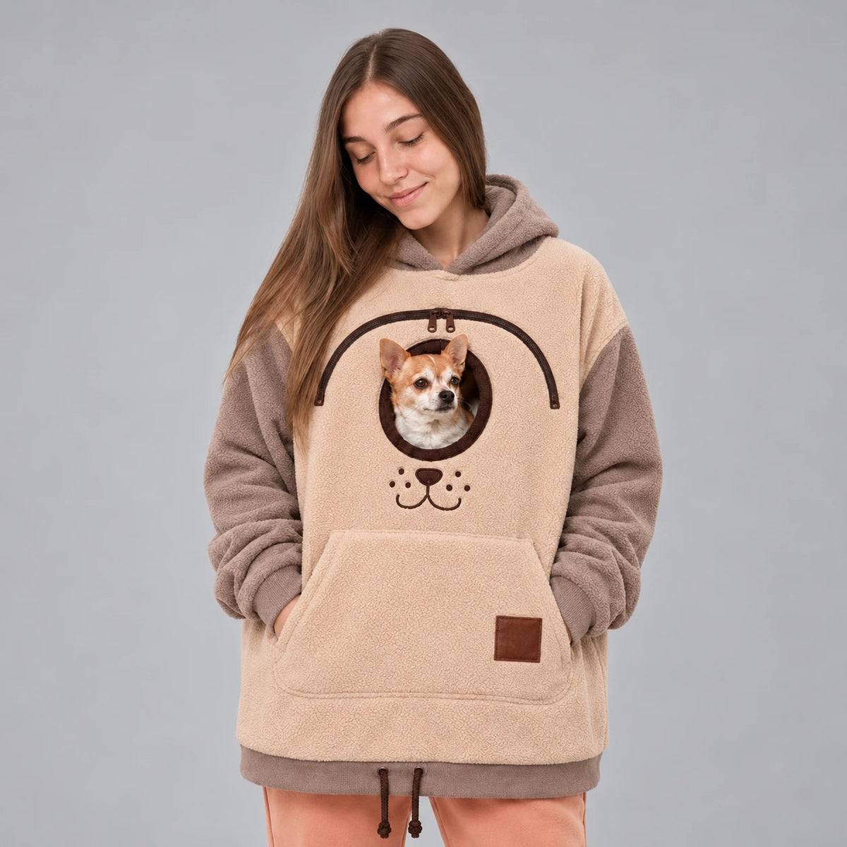 Men's Small Dog Pouch Hoodie in taupe beige, Hands-Free Pet Carrier