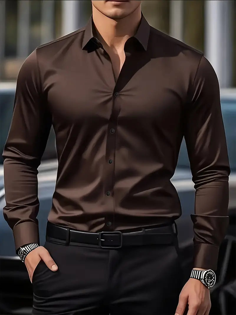 Men's Smart Fitted Shirt in coffee, Long Sleeve Pointed Collar