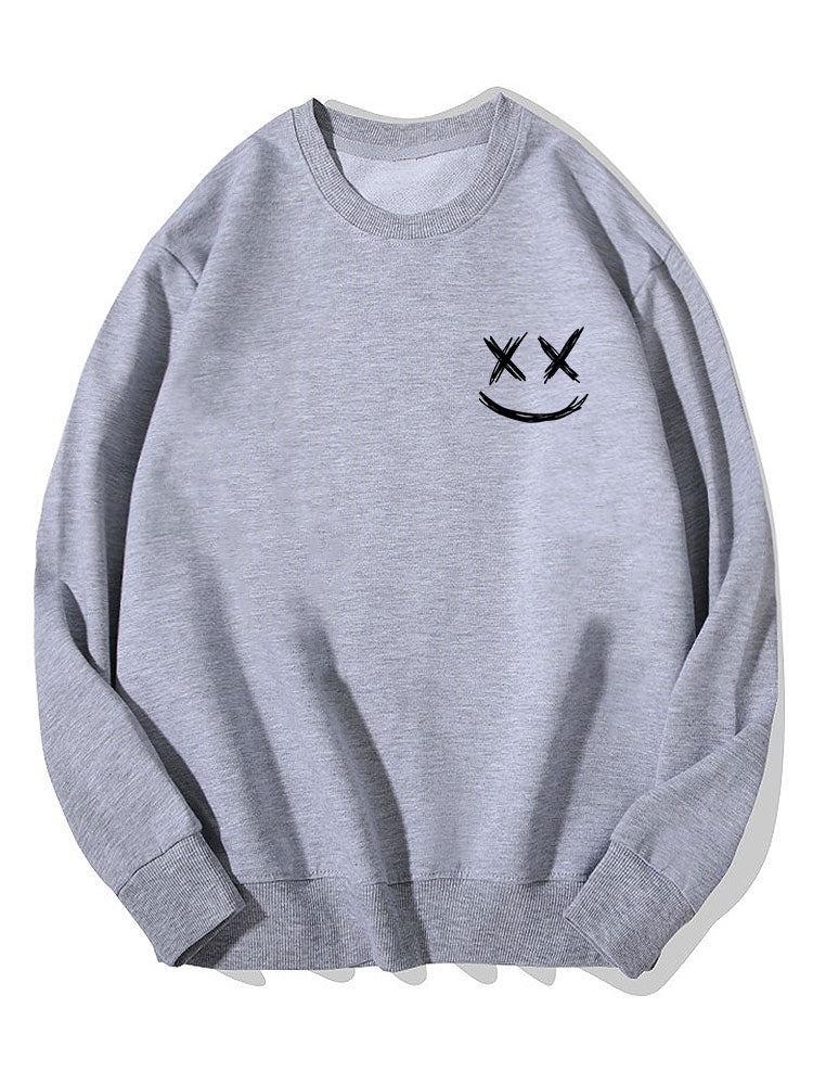 Men's Smiley Face Print Sweatshirt – Relaxed Fit Crew Neck - Grey