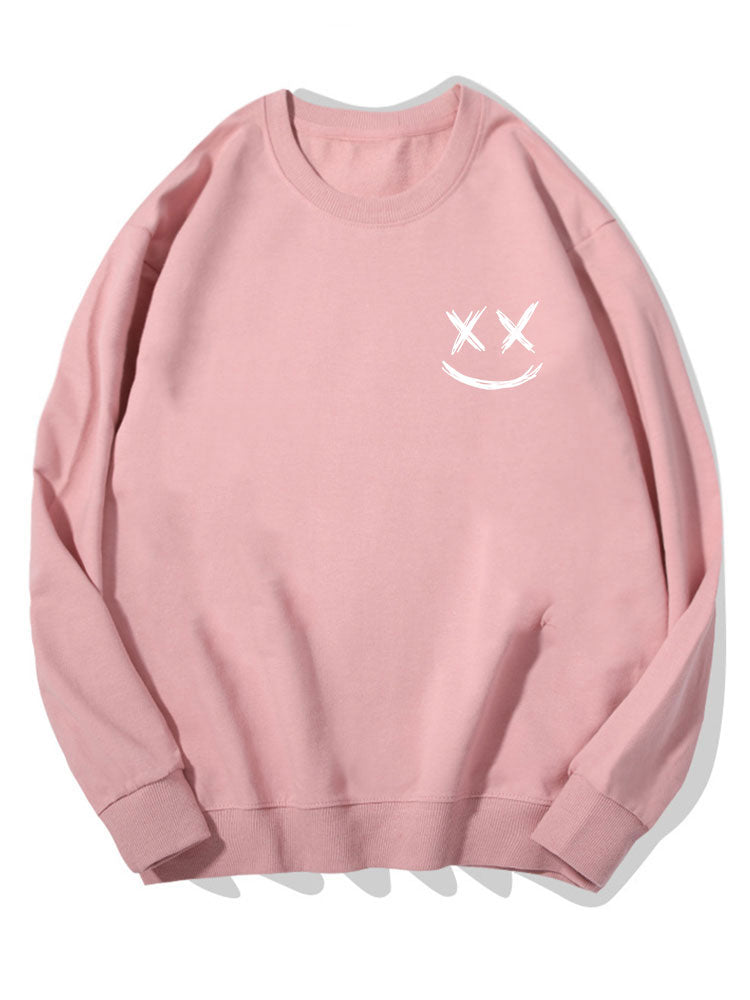 Men's Smiley Face Print Sweatshirt – Relaxed Fit Crew Neck - Pink