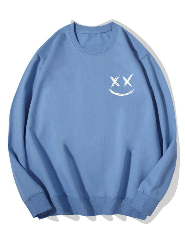 Men's Smiley Face Print Sweatshirt – Relaxed Fit Crew Neck - Sky Blue
