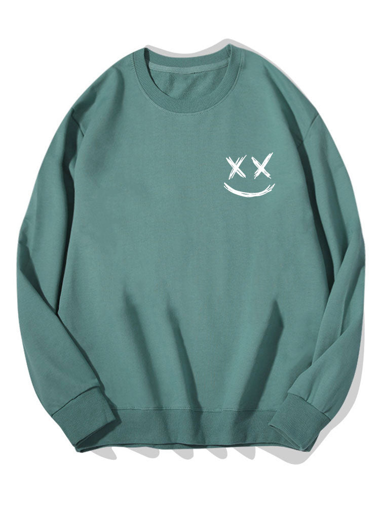 Men's Smiley Face Print Sweatshirt – Relaxed Fit Crew Neck - Teal