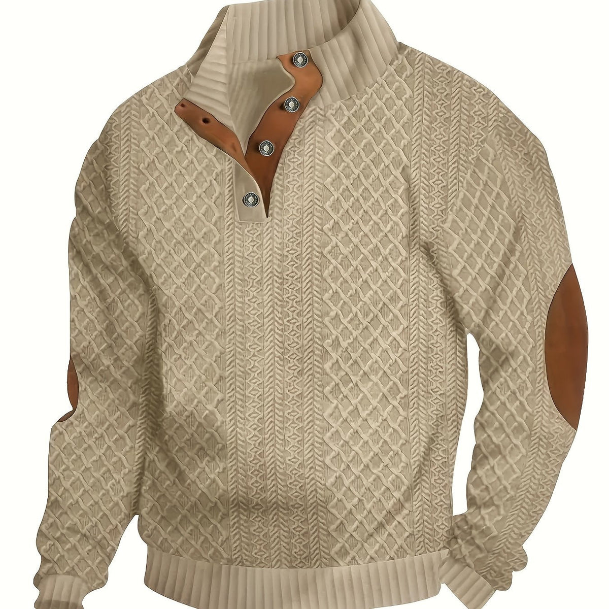 Men's Stand Collar Button Henley Sweater in khaki, Textured Knit