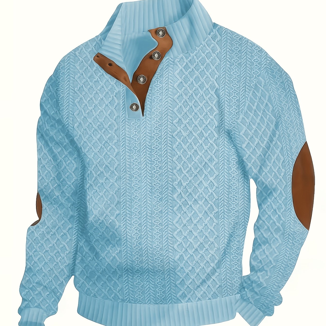 Men's Stand Collar Button Henley Sweater in sky blue, Textured Knit