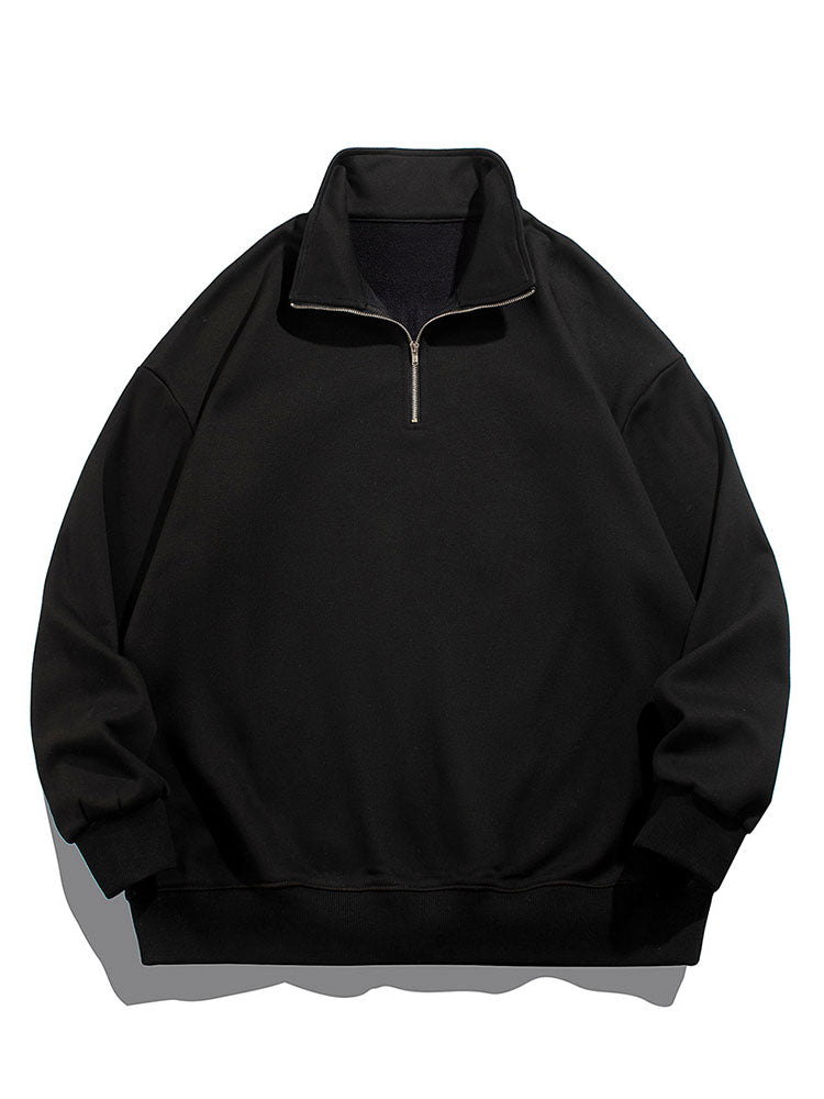 Men's Teddy Fleece Half Zip Sweatshirt – Relaxed Fit Warm Casual - Black