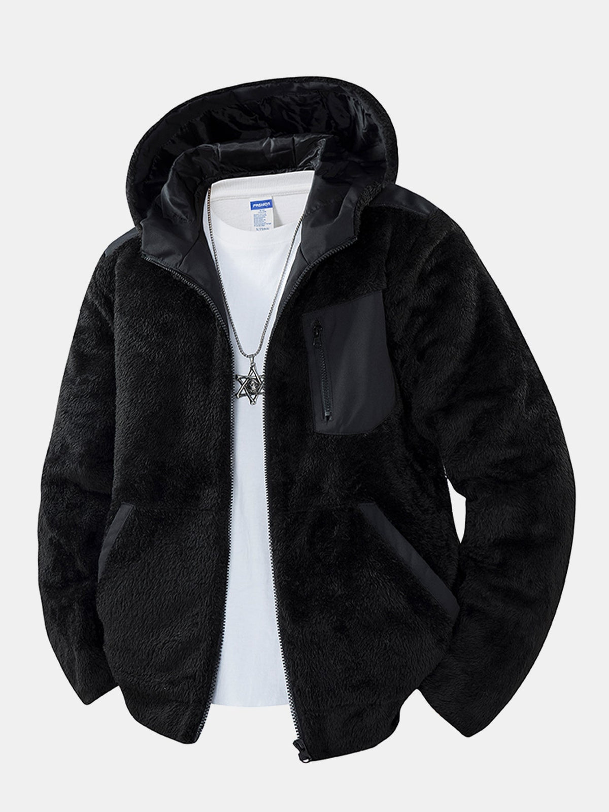 Men's Teddy Fleece Hooded Jacket – Relaxed Fit Warm Casual - Black