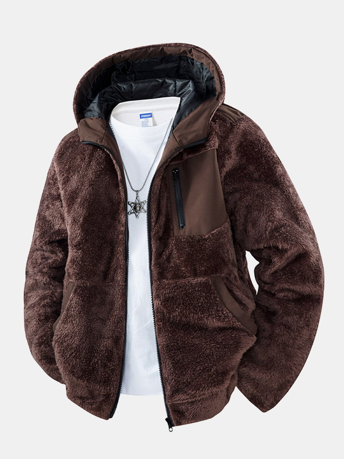 Men's Teddy Fleece Hooded Jacket – Relaxed Fit Warm Casual - Dark Brown
