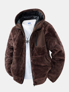 Men's Teddy Fleece Hooded Jacket – Relaxed Fit Warm Casual - Dark Brown