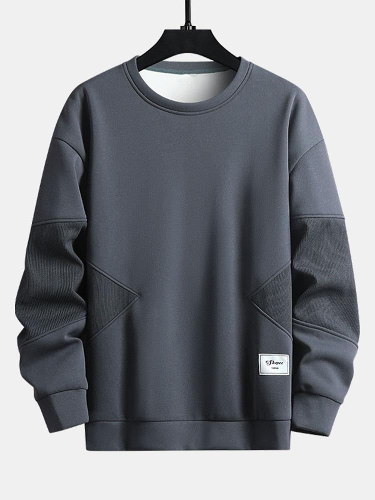 Men's Textured Patchwork Crew Neck Sweatshirt – Relaxed Fit - Grey