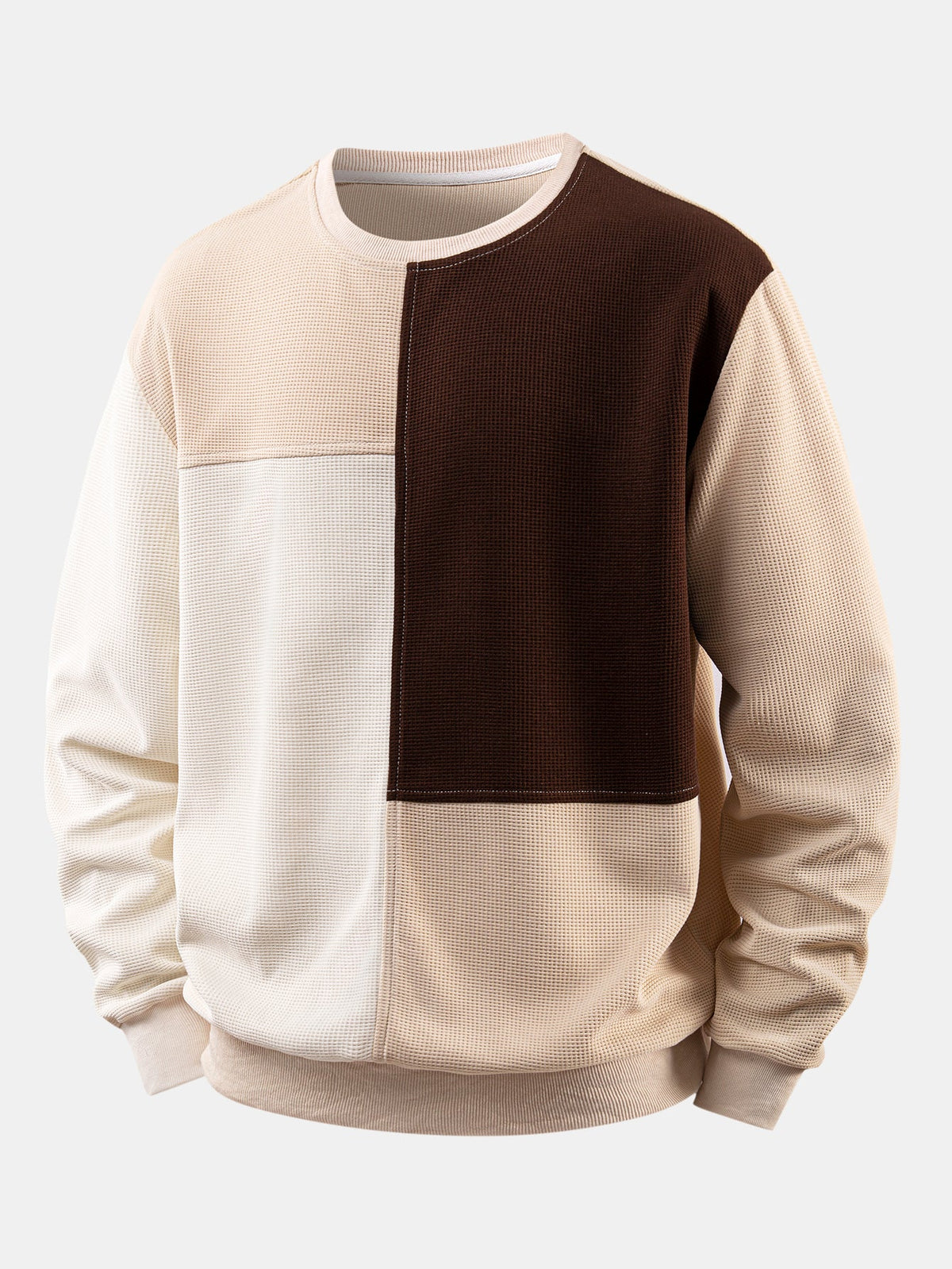 Men's Textured Waffle Sweatshirt Patchwork Panels – Relaxed Crew Neck - Beige