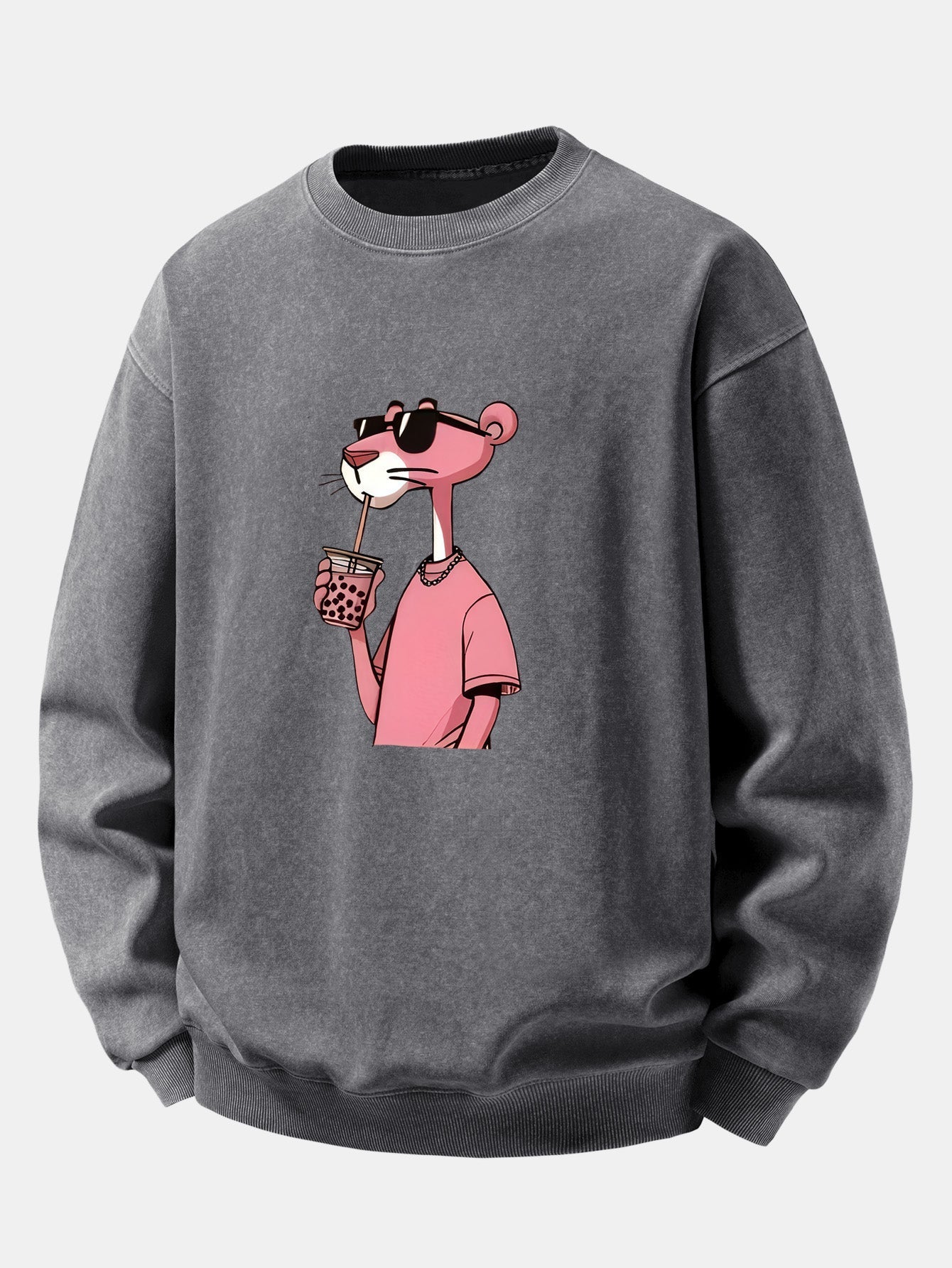 Men's Vintage Washed Cotton Sweatshirt – Relaxed Fit Crew Neck - Grey
