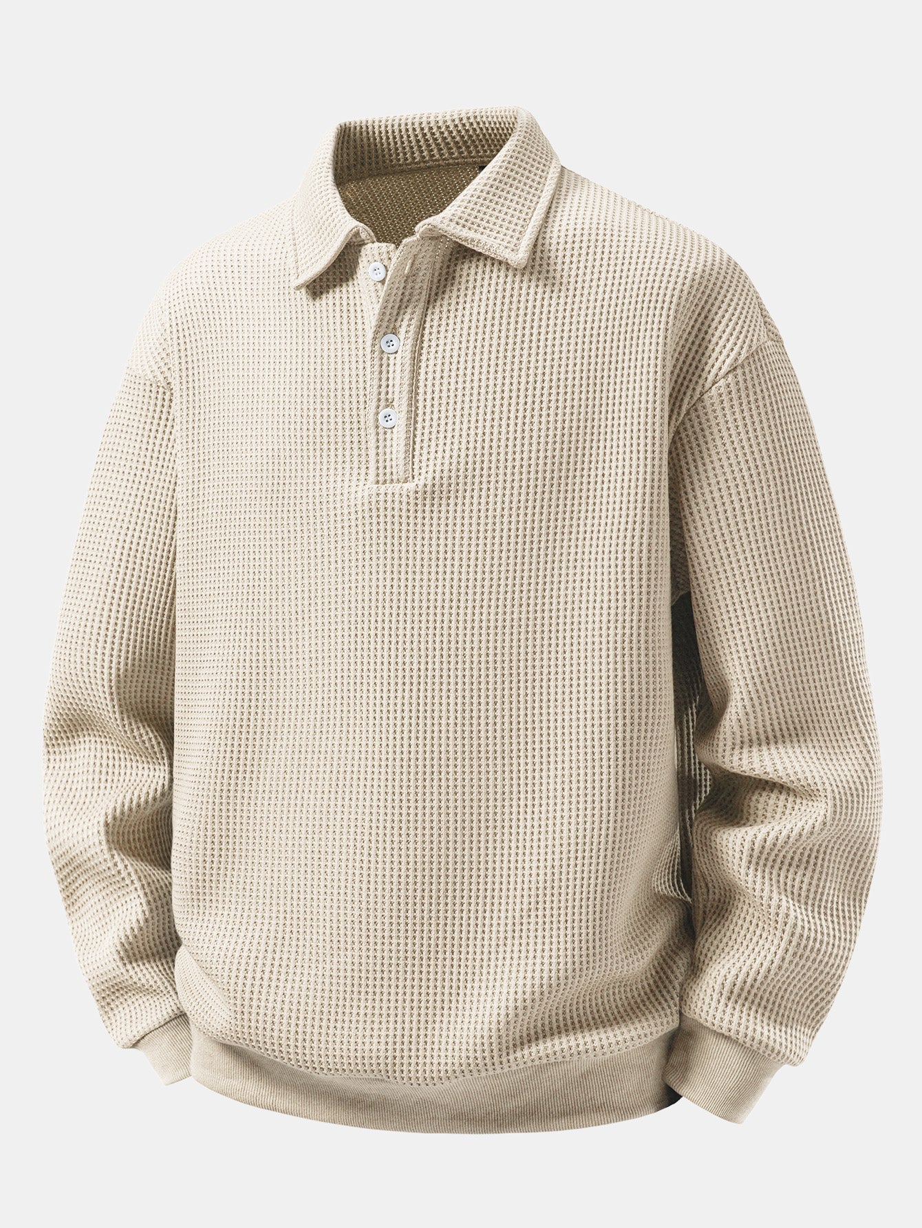 Men's Waffle Textured Polo Sweatshirt – Relaxed Fit Long Sleeve - Beige