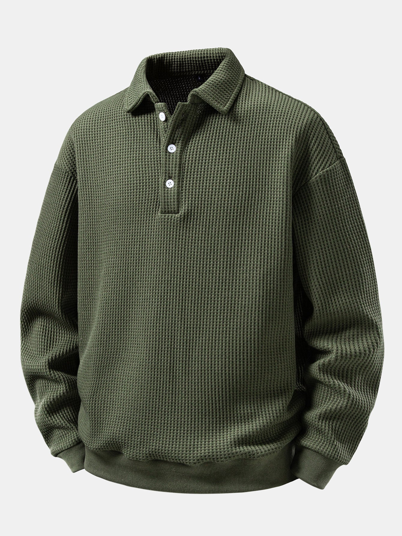 Men's Waffle Textured Polo Sweatshirt – Relaxed Fit Long Sleeve - Dark Green
